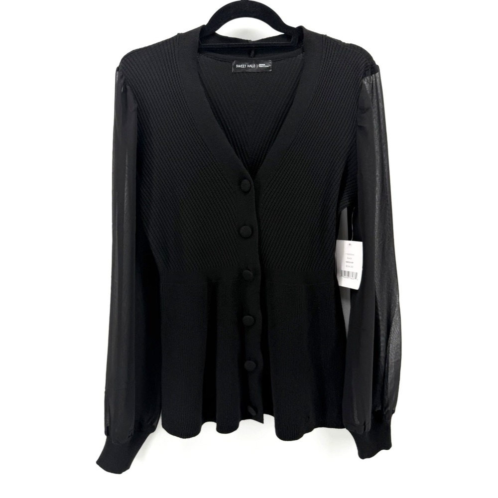 NWT Sweet Halo Cardigan Sweater Women M Black Sheer Sleeve Whimsy Goth V-Neck